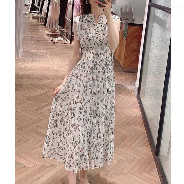 Vestidos casuales WAKUTA 2023 primavera estampado Floral gasa bata mujer cuello redondo largo sin mangas Vestido japonés dulce cordón Delgado cintura Vestido