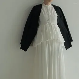 Robes décontractées WAKUTA O Cou Couleur Solide Sans Manches Chic Boutons Robe Femme Plissée Patchwork Slim Japonais Robes De Mujer Élégant