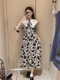 Vestidos casuales WAKUTA Dulce Contraste Color Collar Desmontable Lace Up Print Slim Cintura Robe Femme Japón Vestidos 2022 Principios de otoño