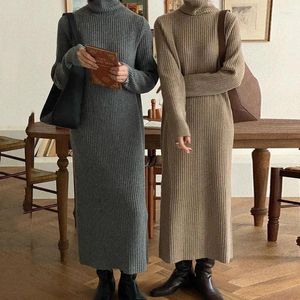 Robes décontractées chaud 2023 épais tricoté pollover col roulé gris robe pull femme pull solide coréen femme hiver robe