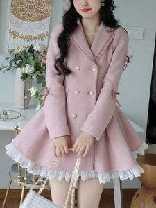 Robes décontractées chaud hiver rose doux femmes élégantes dentelle Style coréen fête Mini femme à manches longues France Vintage mignon manteau 230207