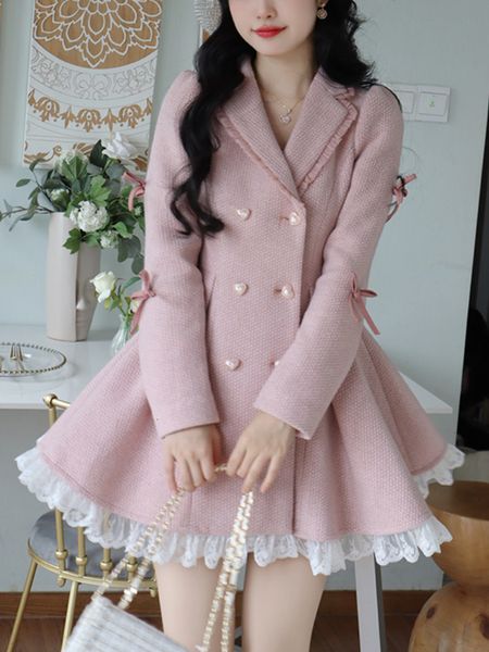 Vestidos casuales cálido invierno rosa dulce elegante mujeres encaje estilo coreano fiesta mini hembra manga larga francia vintage lindo abrigo 230207