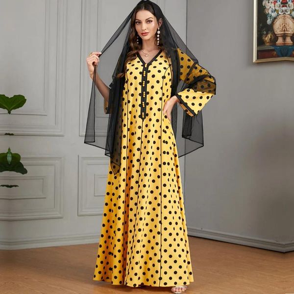 Vestidos casuales Punto de onda África Turquía Musulmán Abaya Mujeres Falda de dobladillo suelto Vestido de fiesta de noche Elegante con cuello en V Marruecos Caftan Abayas