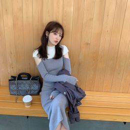 Casual jurken WDMSNA Koreaanse vintage slanke gebreide dres ronde nek lange mouw gewaad