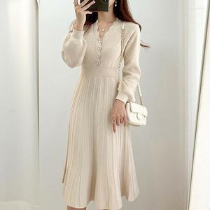 Robes décontractées WDMSNA Vintage une pièce coréenne robe plissée à manches longues mince femme pull tricoté élégant Midi fête