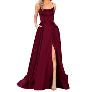 Robes décontractées De Mariage De Bal Pour Les Femmes Sexy Satin Spaghetti Sans Bretelles Fente Latérale Tunique Slip Robe Femme Soirée Longue