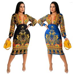 Casual jurken Weimeizi mode lange mouw V-hals rok taille-strakke digitale print-verkoopjurk dames
