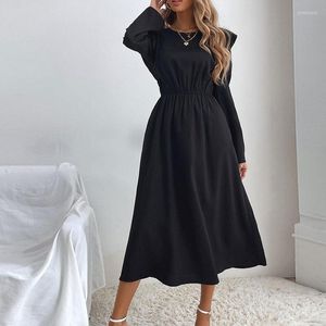 Casual jurken Wepbel lange mouw o-neck jurk robe ruches a-line trendy vrouwen mode ruches over de volledige lengte zwarte vestidos