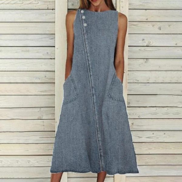 Vestidos casuales Western Jean trajes de verano para mujeres 2023 cuello alto botón abajo sin mangas Midi vestido de mezclilla ropa de mujer Vestidos