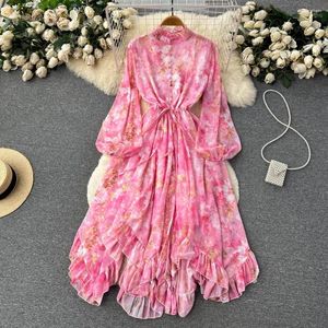 Vestidos casuales Estilo occidental Vintage A-line Lantern Manga larga Stand Collar Elástico High Wasit Estampado floral Femme Vestido ajustado