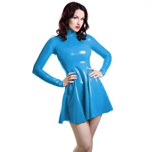 Casual jurken nat look pvc mini jurk dames lange mouw sexy bodycon a-line stand kraag zipper faux latex feest clubkleding vestido