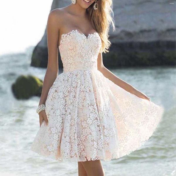 Vestidos casuales Blanco 2024 Vestido de verano para mujer Trajes de encaje floral Sin mangas A-Line Mujer Playa Elegante Robe