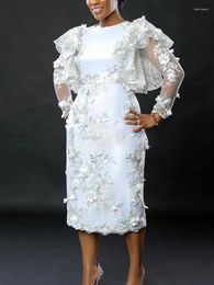 Robes décontractées Appliques blanches robe de fleur femmes broderie de luxe midi élégant volants tulle à manches longues tenues de mariage d'anniversaire