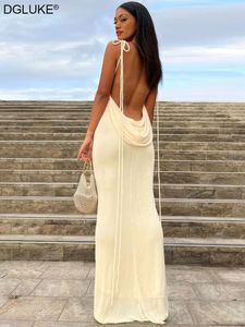 Casual jurken witte rugloze zomerjurk vrouwen elegante lange feestavondjurken spaghetti riem slip maxi strandjurk zomerjurk sexy 230207