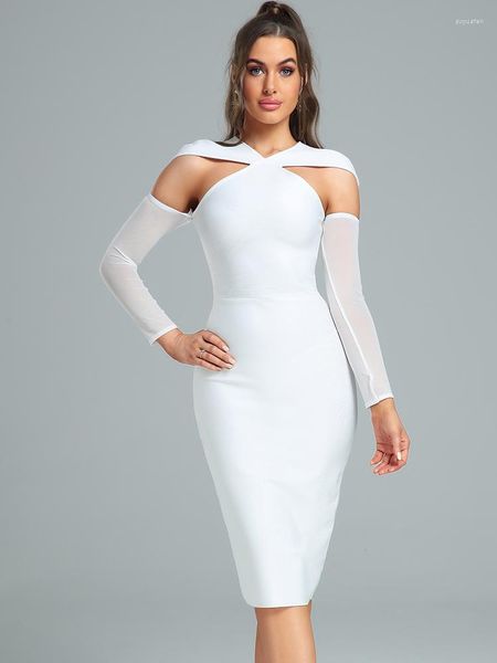 Vestidos informales, vestido blanco ajustado, Midi, elegante, para mujer, fiesta de noche, ceñido al cuerpo, Sexy, manga larga, recortado, Navidad, cumpleaños, Club, atuendo 2023