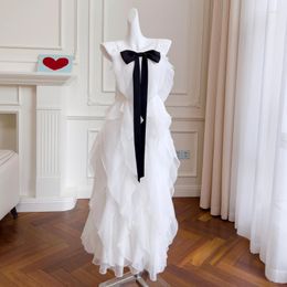 Robes décontractées blanc noir Patchwork nœud Midi 2023 mode coréenne élégant volants plissé robe De soirée femmes Vestidos De Fiesta