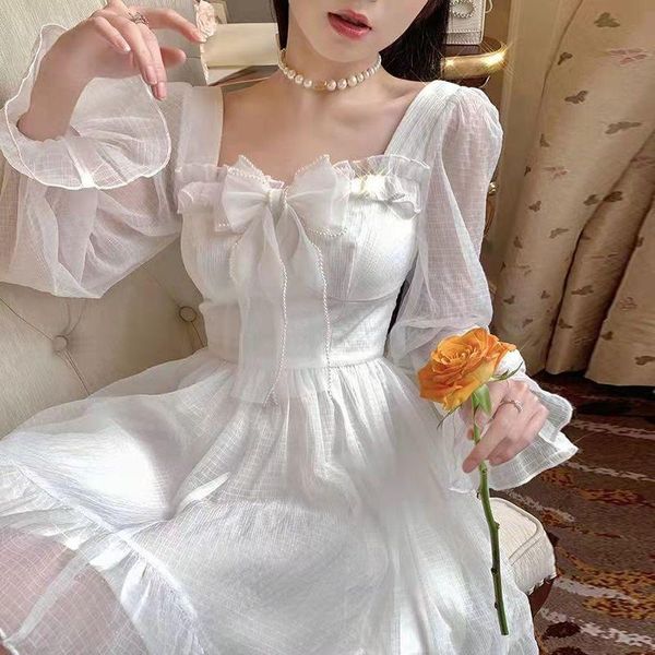 Vestidos casuales blanco arco encaje punk mini vestido mujeres harajuku kawaii lolita vintage estética manga larga ropa de moda coreana