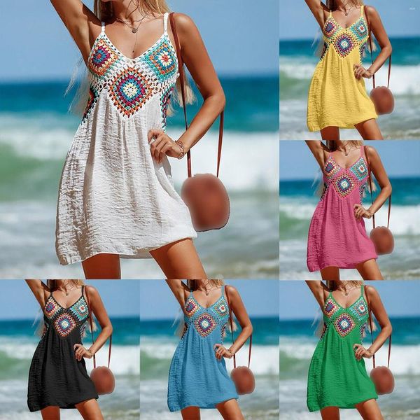 Vestidos casuales Blanco Crochet Loose Boho Beach Dress para mujer Sexy Hollow Túnica Spaghetti Strap Sundress Summer Bikini Cover Ups Ropa de playa