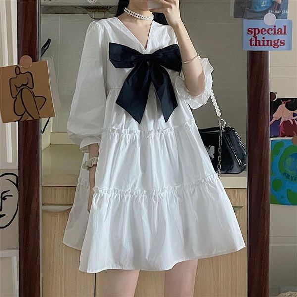 Vestidos casuales vestido blanco mujeres Kawaii Bow Mini verano estilo pijo lindo Harajuku Vintage trajes Oversize Streetwear