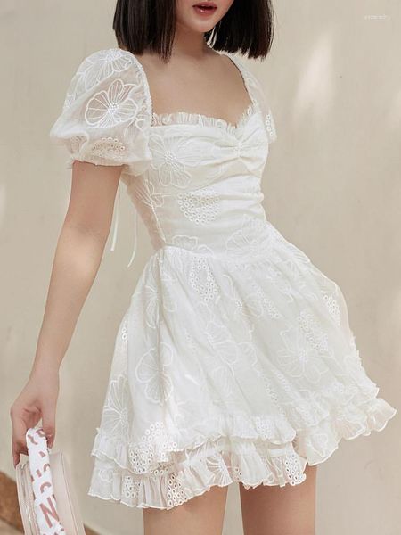 Robes décontractées Crochet blanc robe plissée rétro mignon doux Y2k robe d'été à manches courtes col carré femmes coréenne Fairycore