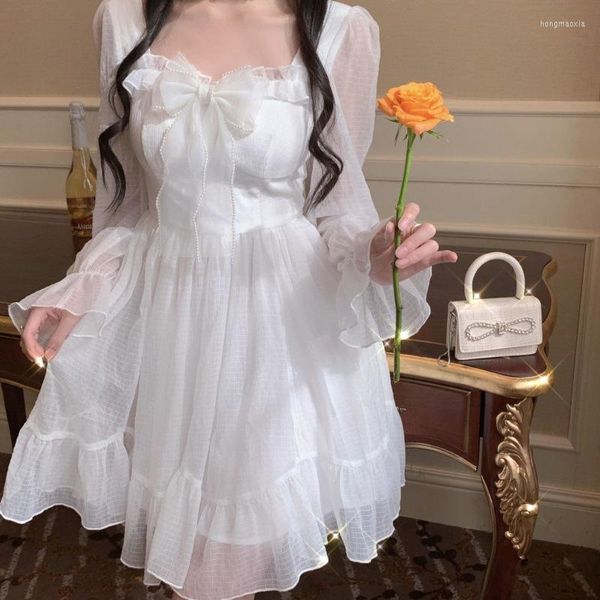 Vestidos casuales Vestido blanco Kawaii Mujer Chifón Estilo Lolita Manga larga Mini lazo Hada Túnica Volantes Cuello cuadrado Llamarada