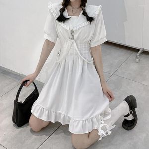 Casual jurken witte kawaii lolita jurk zachte meid schattige stijl ruche korte mouw wrap mini punk dames zomer zonsondergang 2023 Korean