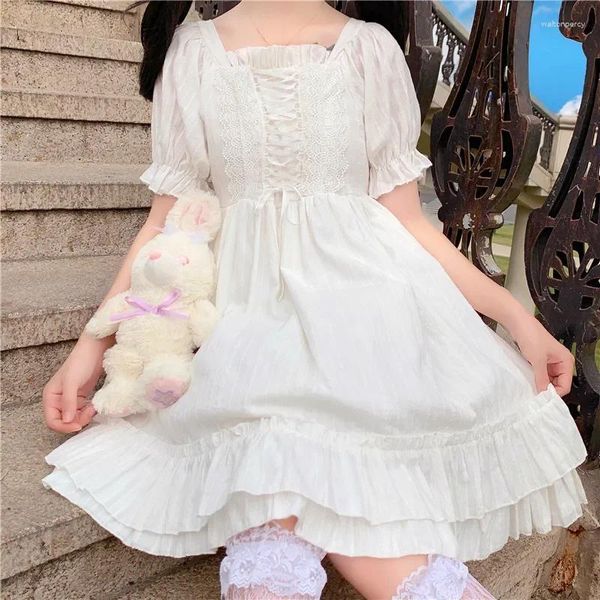 Robes décontractées blanc kawaii lolita robe femme 2024 été japonais haute taille élégante douce mignon chic de fête y2k