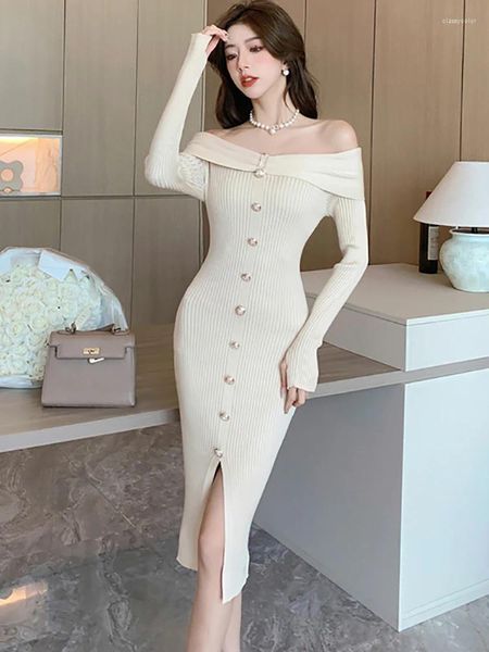 Vestidos informales Blanco de punto elegante y bonito vestido de mujer otoño invierno moda bodycon suéter 2024 coreano chic fuera del hombro