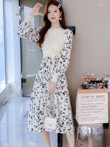 Casual jurken wit gebreide patchwork florale trui jurk voor dames herfst winter elegant huis 2024 Koreaanse mode bodycon gewaad