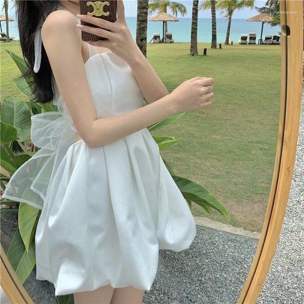 Vestidos casuales vestido de encaje blanco para mujeres niña delgada mini estilo de moda coreana arco tul corto kawaii dulce hada núcleo de hadas