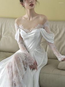 Casual jurken witte kanten bruiloft elegante jurk vrouwen Frankrijk vintage avondfeest lang vrouwelijk offshouder sexy Koreaanse zomer 2023