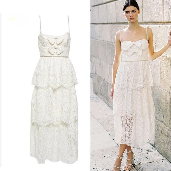 Vestidos casuales blanco Midi largo encaje graduación mujer 2023 verano correa de cristal con cuentas Bowknot Glitter Vestidos marca de calidad trajes de fiesta