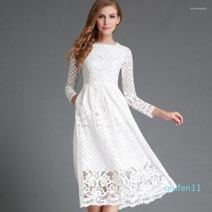 Robes Décontractées Blanc O-cou Manches Longues Robe Mi-Longue Mince Doux Princesse Style Fête