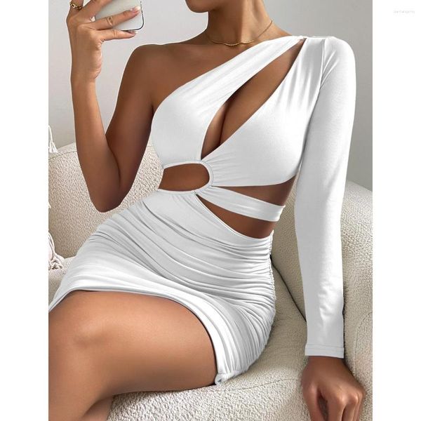 Vestidos casuales blancos un hombro mangas largas mini vestidos delgados sexy mujeres estiradas altas salpicadas de la oficina de la oficina de la oficina del club de la oficina