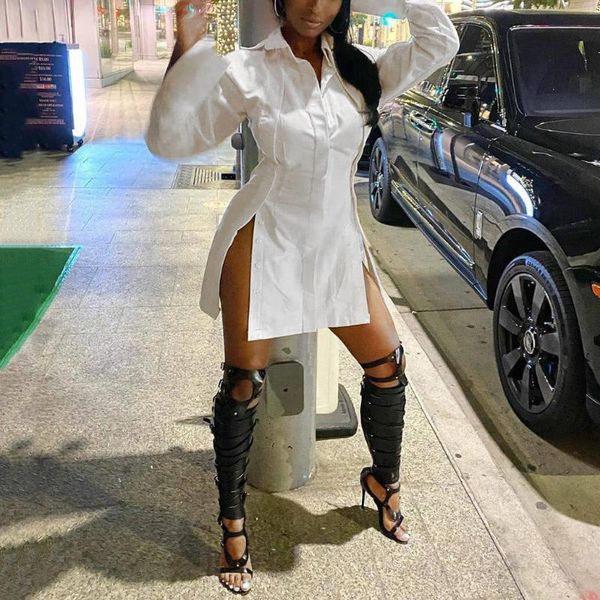 Robes décontractées Robe chemise blanche Femmes Été 2021 Manches longues High Split Single Breasted Sexy Soirée Night Club Wear Vêtements en gros