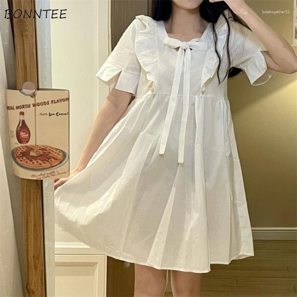 Vestidos casuales Blanco de manga corta Mujer Estilo japonés Suelto Dulce Mini Preppy Ruffles Moda Verano Reducción de la edad Literaria