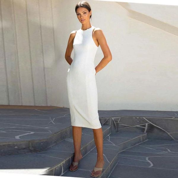 Vestidos casuales Simplicidad blanca Vestido sin mangas Midi Long Femenino Summer Summeres Moda Halternalk Fashion Elegant Evening Wedding Wedding