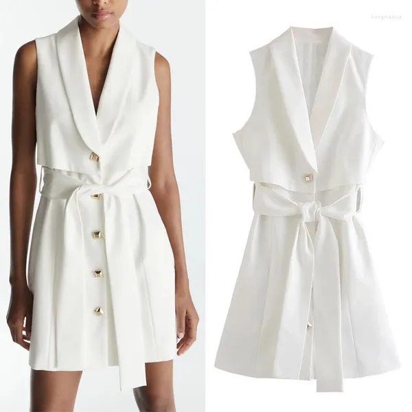 Vestidos casuales Vestido de verano blanco Mujer 2023 Chaleco sin mangas Mujeres cortas Cinturón de moda Mini elegante Oficina Damas
