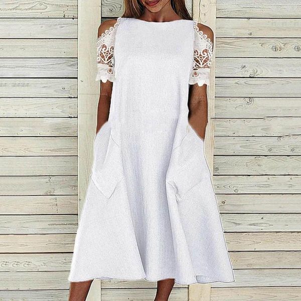 Vestidos casuales de verano blanco para mujer ahueca hacia fuera el encaje de manga corta fiesta de vacaciones vestido de una línea con bolsillos elegante señora Midi Robe