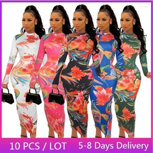 Casual jurken groothandel artikelen bloemenprint maxi voor dames lente herfst lange mouw bodycon jurk streetwear mager feest