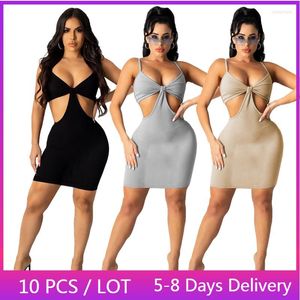 Casual jurken Groothandelsproducten Hollow Out Ribbed Summer Dress Women Party Club Spaghetti Strap Bodycon Solid Backless Black Mini