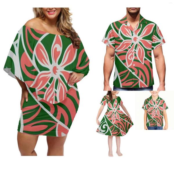 Robes décontractées Commande en gros Tribu hawaïenne Polynésienne Plumeria Imprimer Femmes Plus-Taille Custom Slim Showing Robe Correspondant Vêtements de famille