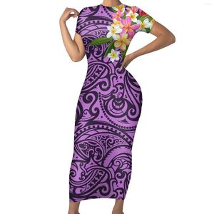 Vestidos casuales Precio al por mayor Custom Women's Slim Was Thin Dress Polynesian Tribal Purple Background Con Plumeria Ladies Personality