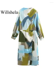 Robes décontractées Willshela Femmes Mode Imprimé Avant Slit Retour Zipper Midi Robe Vintage O-Cou Manches Longues Femme Chic Dame