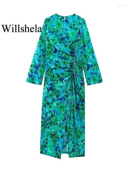 Robes décontractées Willshela Femmes Mode Imprimé Plissé Avant Slit Midi Robe Vintage O-Cou Manches Longues Femme Chic Dame