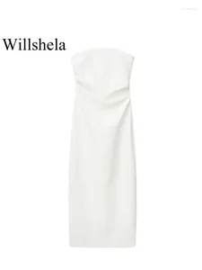 Vestidos casuales Willshela mujeres moda blanco plisado espalda cremallera hendidura vestido midi vintage sin tirantes slash cuello hembra chic dama