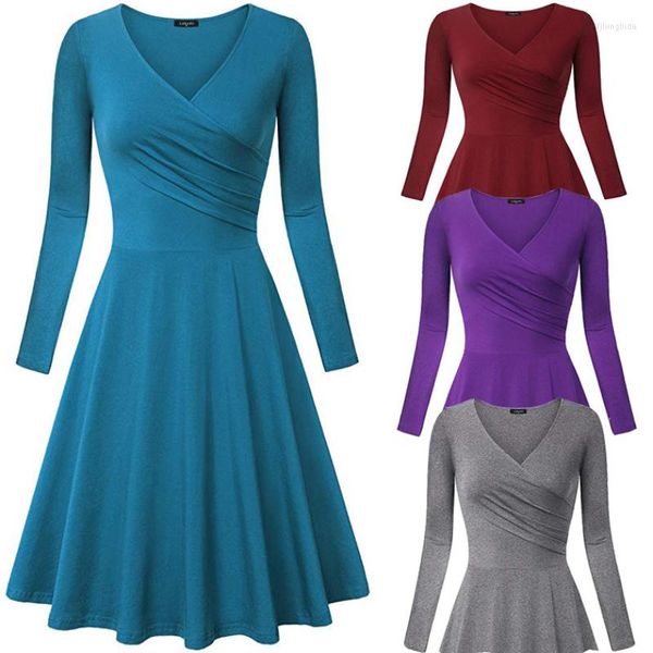 Vestidos casuales Invierno Otoño Mujer Sexy Cuello en V Color sólido Manga larga Elegante Maduro Fresco Femenino Autocultivo Mujeres Vestido de moda