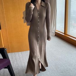 Vestidos casuales ropa de invierno de punto elegante mujer suéter vestido mujeres coreano sólido 2023 de un solo pecho Turn-down Collar Vestidos