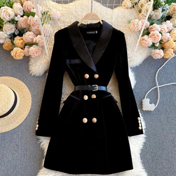 Vestidos casuales Invierno elegante traje de terciopelo chaqueta doble botonadura manga larga damas cinturón negro vestido blazer delgado para mujer N8634