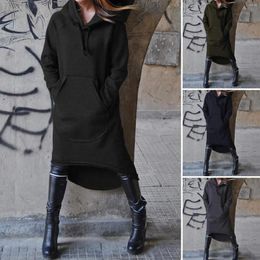 Casual jurken Winter Fashion Warm Women Hoodie Dress 2024 Chic Chic Long Sleeve Fleece Sweatshirt Ladies Solid Drawring Hooded Vestidos